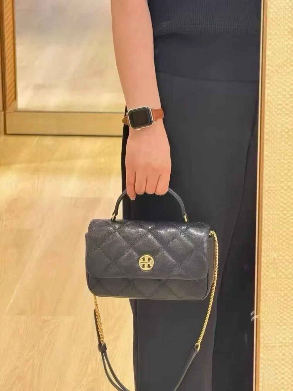 Tory Burch Willa Black Leather Top Handle Bag Crossbody Purse 167621